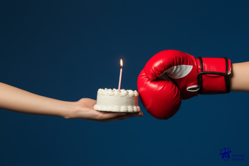 Un pastel de cumpleaños con una sola vela, siendo disputado por dos manos, una de ellas con un guante de boxeo. Representa: Conflicto por herencia de hijo extramatrimonial