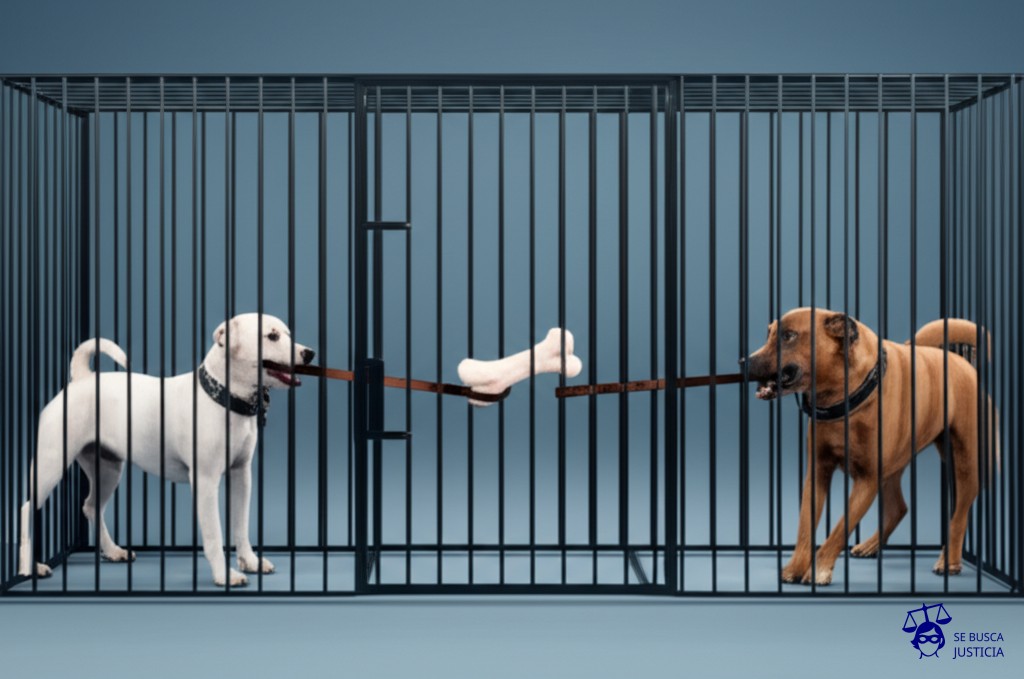 Dos perros, uno a cada lado de una jaula, tirando de una correa que sostiene un hueso. El hueso está atascado en la jaula. Representa: Conflicto por inscripción escolar sin autorización de ambos padres
