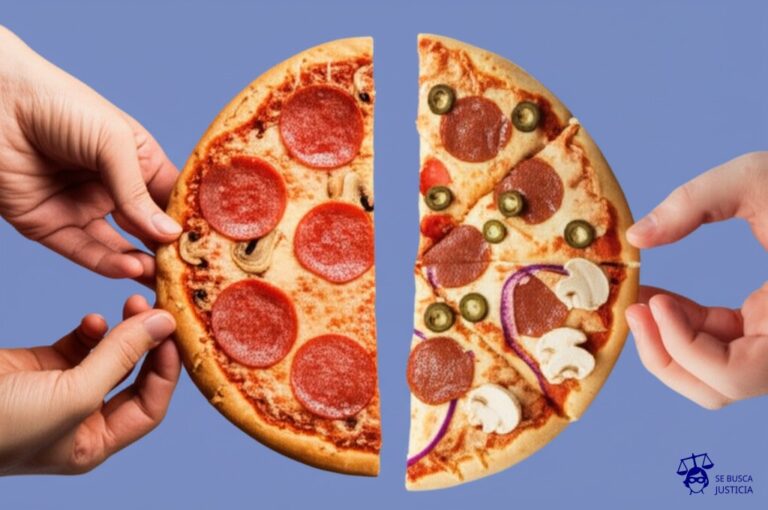 Dos mitades de una pizza, cada una con un tipo diferente de ingredientes, siendo jaladas en direcciones opuestas por dos manos. Representa: Conflicto por nacionalidad del menor en familia binacional
