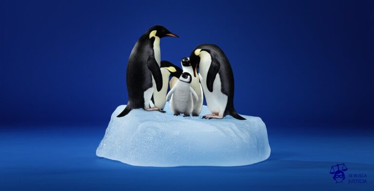 Un grupo de pingüinos, todos idénticos, intentan sentarse en un solo cubo de hielo, empujándose y echándose unos a otros. Representa: Conflicto por soberanía sobre espacios árticos o antárticos