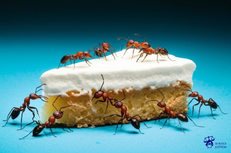 Un grupo de hormigas cargando un enorme pastel. Cada hormiga tira de una pequeña porción del pastel, y todas se pelean entre sí, intentando reclamar el trozo más grande. Representa: Conflicto sobre la autoría de obras creadas bajo contrato de empleo