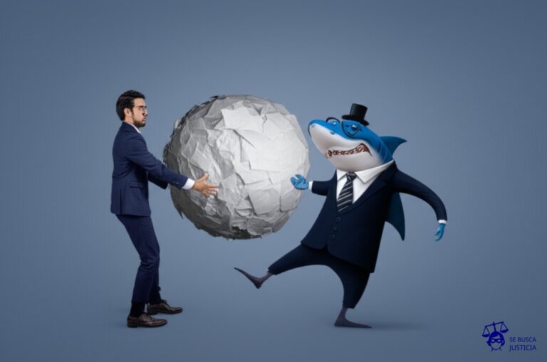 Un hombre atrapado en un laberinto de burocracia, con un brazo sujetando una gran bola de papel (la póliza) y el otro intentando desesperadamente escapar de un tiburón que lleva un sombrero de corredor de seguros. Representa: Conflictos con aseguradoras sobre renovación automática de pólizas