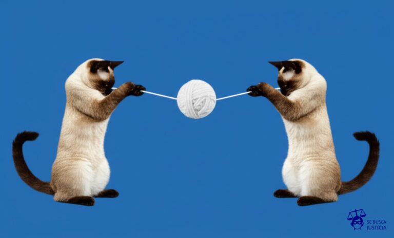 Dos gatos siameses idénticos, tirando de un mismo ovillo de lana, cada uno jalando en direcciones opuestas, con el ovillo a punto de romperse. Representa: Conflictos de derechos de autor en obras musicales co-creadas