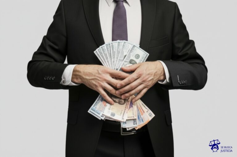 Un hombre con dos brazos, cada uno con una mano que agarra una pila de billetes de diferente tamaño. Ambas manos están conectadas al mismo estómago. Representa: Conflictos de interés en la administración pública
