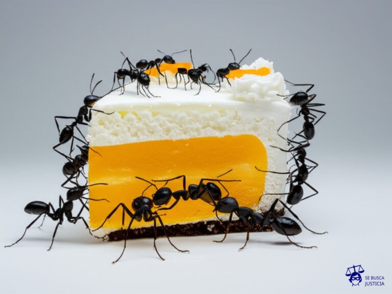 Un pastel gigante, exquisitamente decorado, rodeado por un grupo de hormigas, cada una intentando arrancar un trozo del pastel más grande posible, tironeando y empujándose entre ellas. Representa: Conflictos en reparto de derechos de adaptación cinematográfica