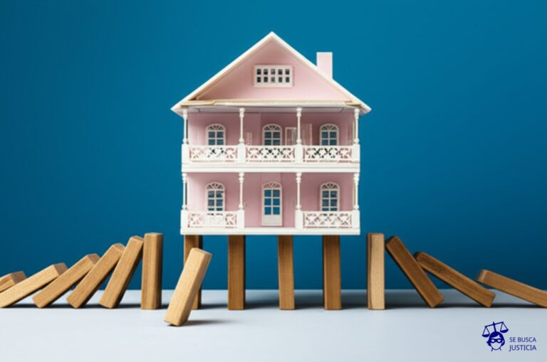 Un montón de dominós, cada uno representando un producto defectuoso, apilados precariamente. El primero está a punto de caer, iniciando una reacción en cadena catastrófica que amenaza con derribar una gran casa de muñecas (la aseguradora). Representa: Conflictos en seguros de responsabilidad civil por productos