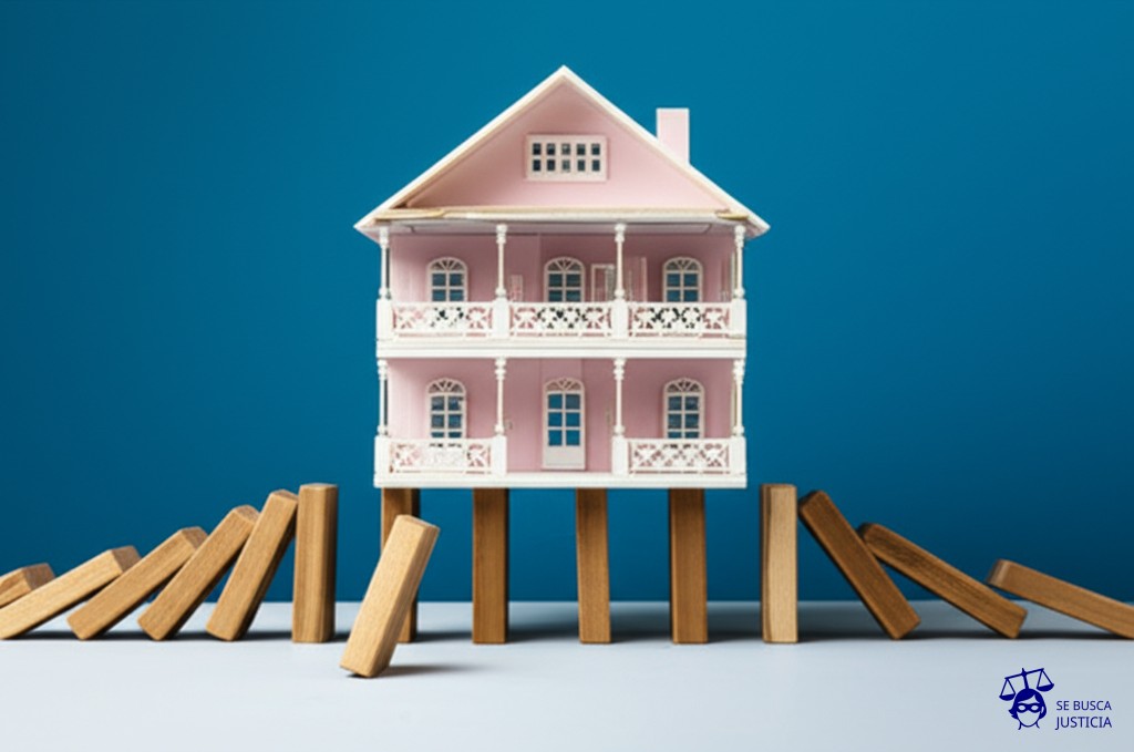 Un montón de dominós, cada uno representando un producto defectuoso, apilados precariamente. El primero está a punto de caer, iniciando una reacción en cadena catastrófica que amenaza con derribar una gran casa de muñecas (la aseguradora). Representa: Conflictos en seguros de responsabilidad civil por productos