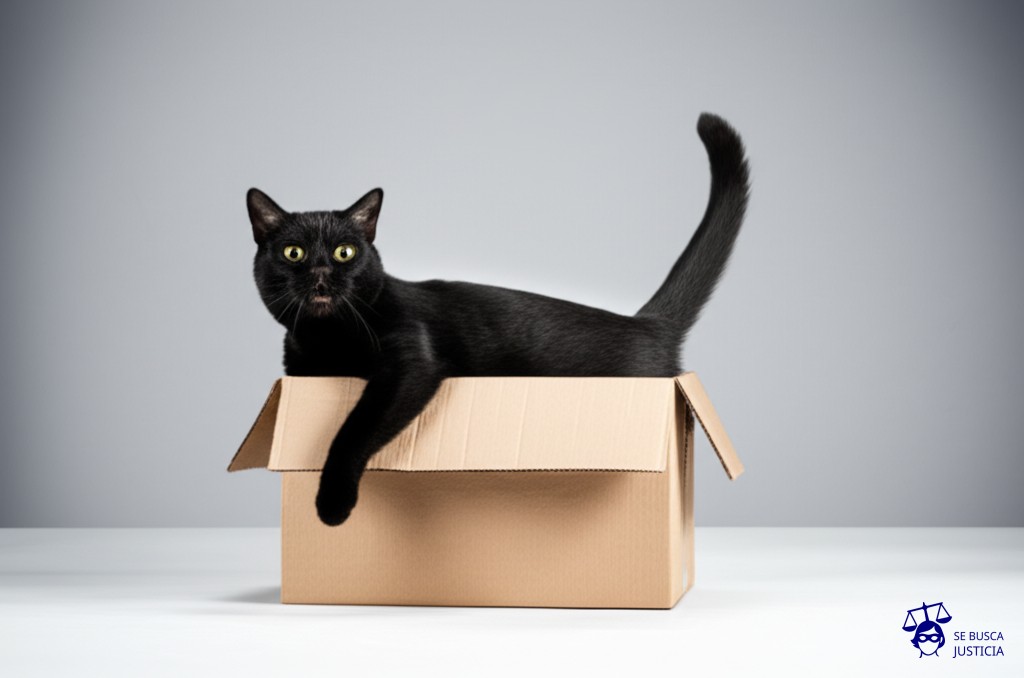 Un gato negro, con expresión de sorpresa, intentando meterse en una caja de cartón demasiado pequeña para él, con la cola atrapada en la ranura de la tapa. Representa: Conflictos en seguros de responsabilidad profesional
