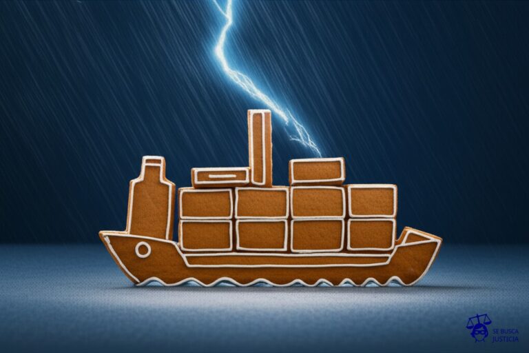 Un barco de carga, repleto de cajas, en medio de una tormenta perfecta: lluvia torrencial, olas gigantescas, un rayo impactando directamente en el mástil, y el barco, hecho de galletas de jengibre. Representa: Conflictos en seguros de transporte internacional