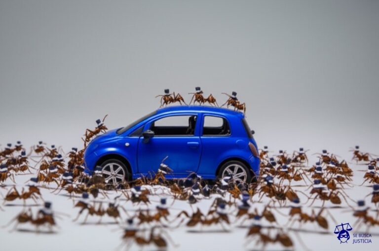 Un coche con una abolladura ridículamente pequeña, como si lo hubiera mordido un chihuahua, siendo atacado por un ejército de hormigas con sombreros de abogado. Representa: Conflictos en seguros de vehículos por siniestros parciales