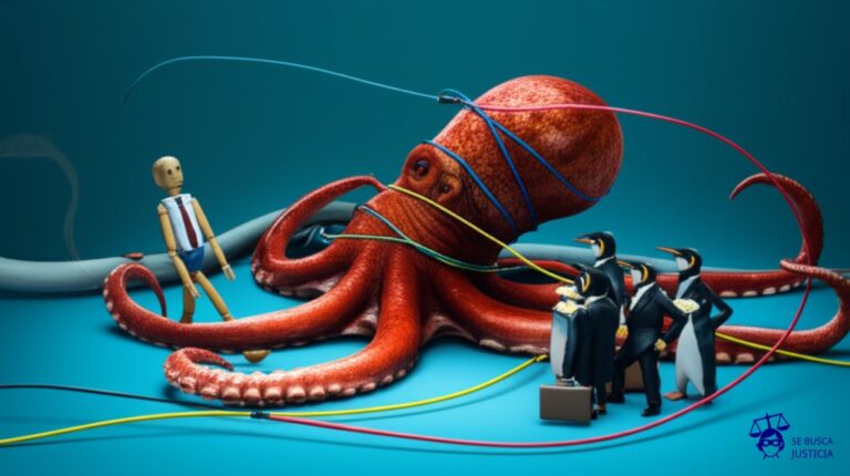 Un pulpo gigante, con tentáculos enredados en un laberinto de tuberías y cables, intentando estrangular a un pequeño muñeco de palo que representa al asegurado, mientras un grupo de pingüinos con traje y maletín observan la escena, comiendo palomitas. Representa: Conflictos en seguros de vida vinculados a la empresa