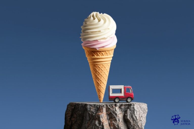 Un camión de helados con una sola rueda, a punto de volcar en un precipicio. Representa: Conflictos en seguros para bienes en tránsito