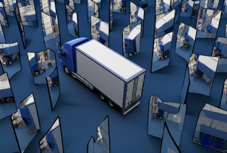 Un camión de mudanzas intentando atravesar un laberinto de espejos rotos, con cada espejo reflejando una versión distorsionada y caótica del camión. Representa: Conflictos en seguros para bienes en tránsito