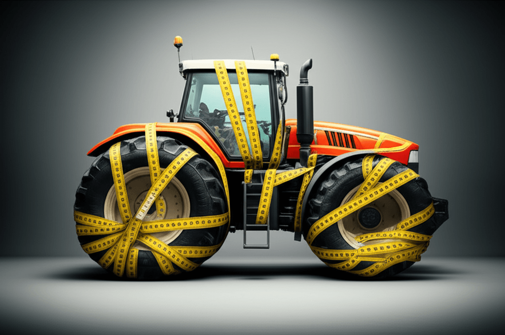 Un tractor gigante, completamente envuelto en bucles y nudos de cinta métrica. Representa: Conflictos en seguros para maquinaria pesada