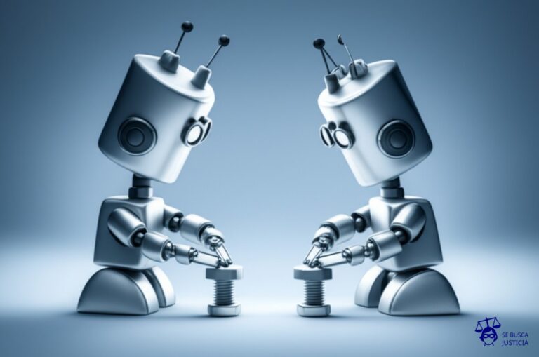 Dos robots, idénticos en diseño y función, intentando atornillar una tuerca al mismo tornillo, pero cada uno girando en dirección opuesta. Representa: Conflictos entre normas administrativas