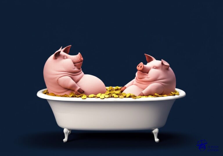 Dos cerdos obesos, idénticos, en una bañera llena de monedas de oro. Uno intenta empujar al otro fuera de la bañera. Representa: Conflictos entre socios por retiro de utilidades