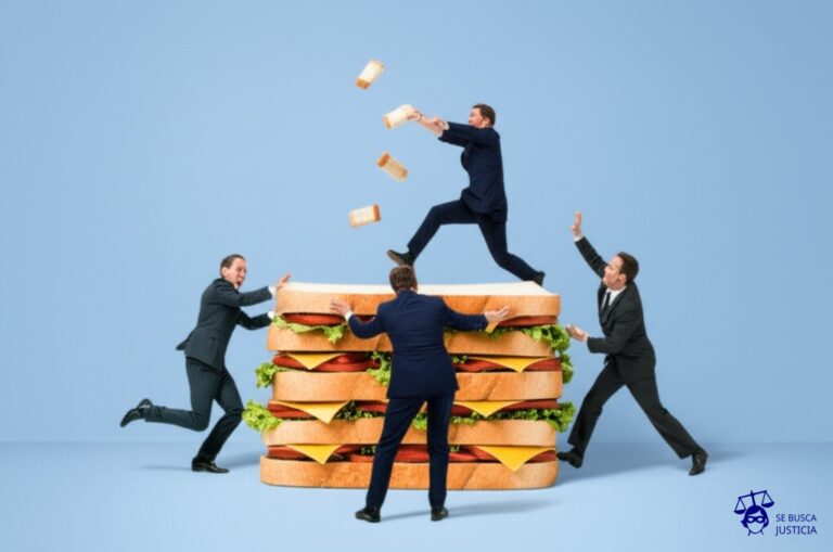 Un grupo de personas peleando por un puñado de migajas de pan que caen de un sándwich gigante. Representa: Conflictos por aplicación de franquicias o deducibles