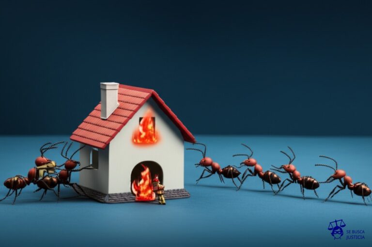 Un bombero diminuto intentando apagar un incendio en una casa de juguete, mientras un grupo de hormigas gigantes (representando a las aseguradoras) lo empujan y le impiden acercarse a las llamas. Representa: Conflictos por cobertura en seguros contra incendios