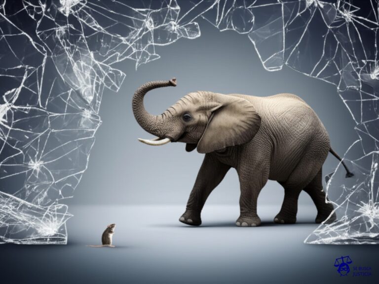 Un elefante en una cristalería, con un pequeño ratón encogido en una esquina, mirando fijamente al elefante. Representa: Conflictos por daños a terceros