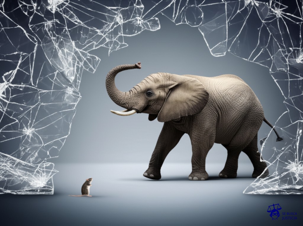 Un elefante en una cristalería, con un pequeño ratón encogido en una esquina, mirando fijamente al elefante. Representa: Conflictos por daños a terceros