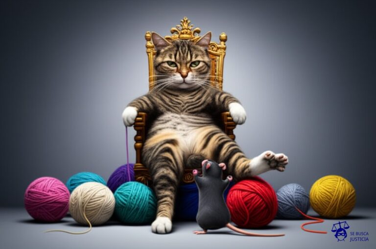 Un gato (el cliente) sentado en un trono de ovillos de lana (la obra comisionada), con un ratón (el freelancer) intentando desesperadamente quitarle un ovillo, pero el gato lo araña con las garras extendidas. Representa: Conflictos por derechos de autor en obras comisionadas (freelance)