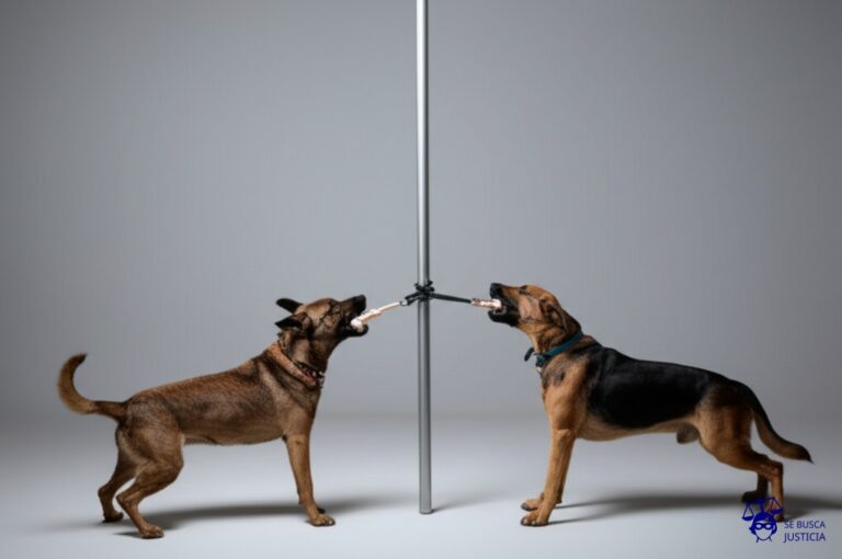 Dos perros, cada uno con una pata sobre el mismo hueso, ambos tirando en direcciones opuestas, pero atados entre sí por una correa que los une al mismo poste de luz. Representa: Conflictos por doble cobertura