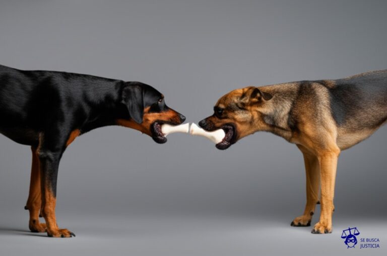Dos perros, cada uno con una sola pata en un hueso. Ambos tiran con fuerza en direcciones opuestas, y el hueso se parte. Representa: Conflictos por doble cobertura