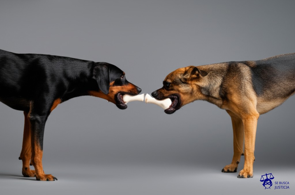 Dos perros, cada uno con una sola pata en un hueso. Ambos tiran con fuerza en direcciones opuestas, y el hueso se parte. Representa: Conflictos por doble cobertura