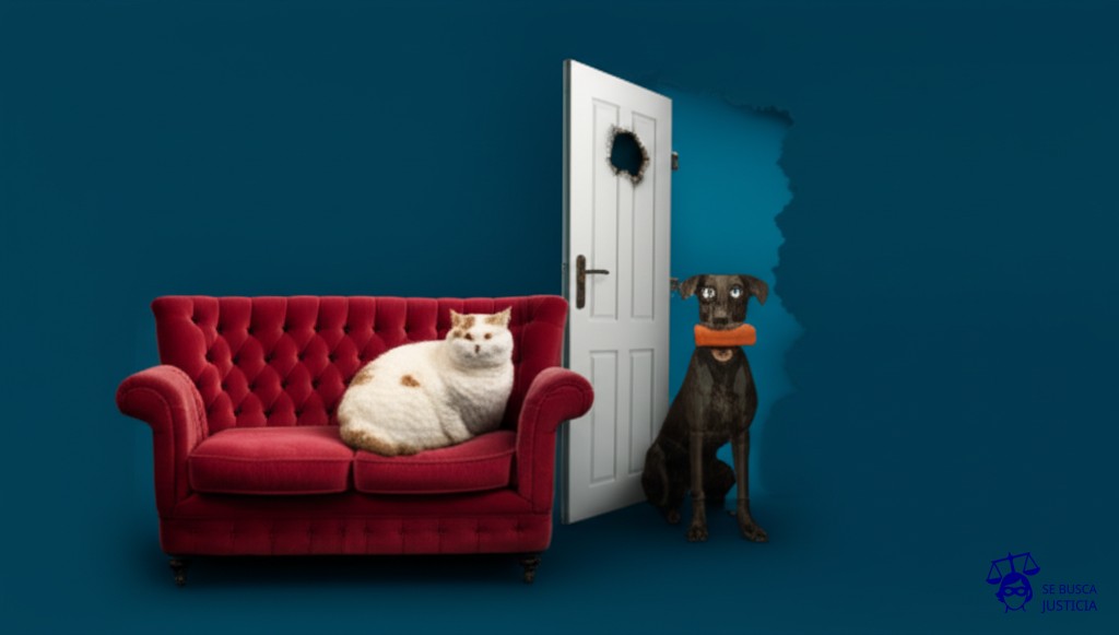 Un gato mimado y gordo, sentado en un sofá de terciopelo, con un gran agujero en la pared detrás de él. El gato mira con desdén a un perro flaco y cubierto de barro, que está fuera de la puerta de la casa, con un ladrillo en la boca. Representa: Conflictos por exclusión de daños por actos vandálicos