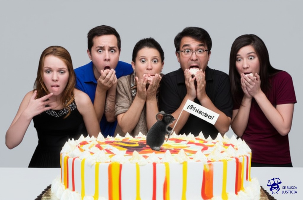Un gran pastel de cumpleaños, perfectamente decorado, siendo devorado por un grupo de personas hambrientas. De repente, un pequeño ratón emerge del pastel, con una bandera minúscula que dice ¡Siniestro!. Todos se detienen, horrorizados, con la boca llena de pastel y miradas de incredulidad. Representa: Conflictos por falta de notificación de siniestros