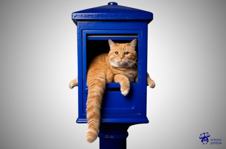 Un gato gordo (representando la autonomía municipal) intentando meterse en un buzón (el sistema federal argentino), pero no cabe, y está atascado, con las patas y la cola por fuera. Representa: Conflictos por la autonomía municipal y su encuadre constitucional dentro del sistema federal argentino.