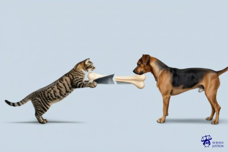 Un gato y un perro tirando de un mismo hueso, cada uno agarrándolo de un extremo, mientras el hueso está partido por la mitad con una sierra. Representa: Conflictos por la interpretación de términos técnicos en pólizas