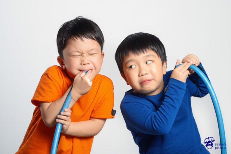 Dos niños, uno a cada lado de una manguera de jardín, intentando beber agua al mismo tiempo, jalando y forcejeando la manguera con expresiones de frustración y codicia. Representa: Conflictos por uso compartido de cuencas fluviales internacionales