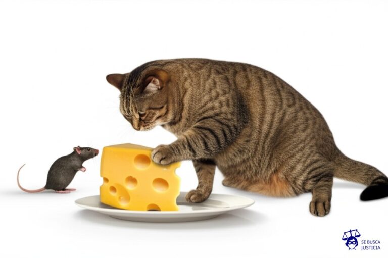 Un gato gordo y satisfecho (ganancia de capital) peleándose con un ratón flaco y trabajador (renta), ambos sobre un plato de queso (ingresos). Representa: Conflictos sobre la calificación de ingresos como renta o ganancia de capital