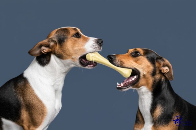 Dos perros, cada uno con un hueso a medio roer en la boca. Ambos perros están tirando del mismo hueso, estirándolo en direcciones opuestas. Representa: Conflictos sobre propiedad intelectual en desarrollo conjunto