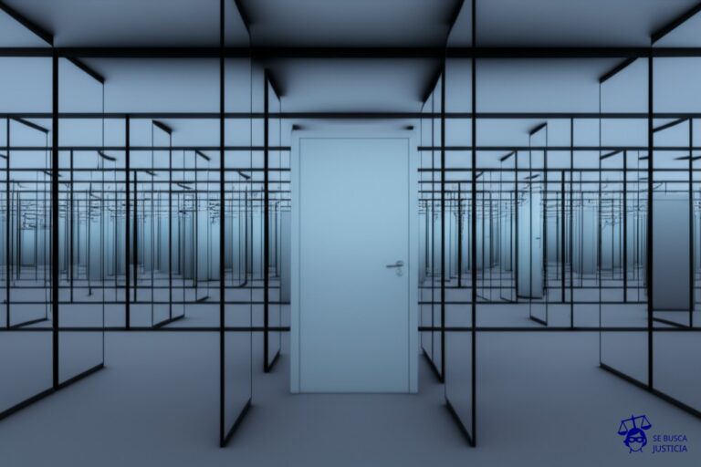 Un laberinto de espejos infinitos, cada uno reflejando una versión distorsionada y ligeramente diferente de la misma habitación vacía. Representa: Confusión de jurisdicción judicial