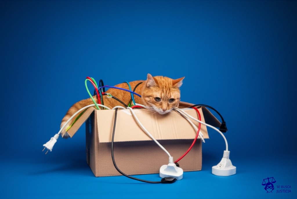 Un gato intentando meterse en una caja de cartón que es claramente demasiado pequeña para él, con cables y enchufes eléctricos saliendo de la caja y enredados en el gato. Representa: Confusión en la interpretación de coberturas para equipos electrónicos
