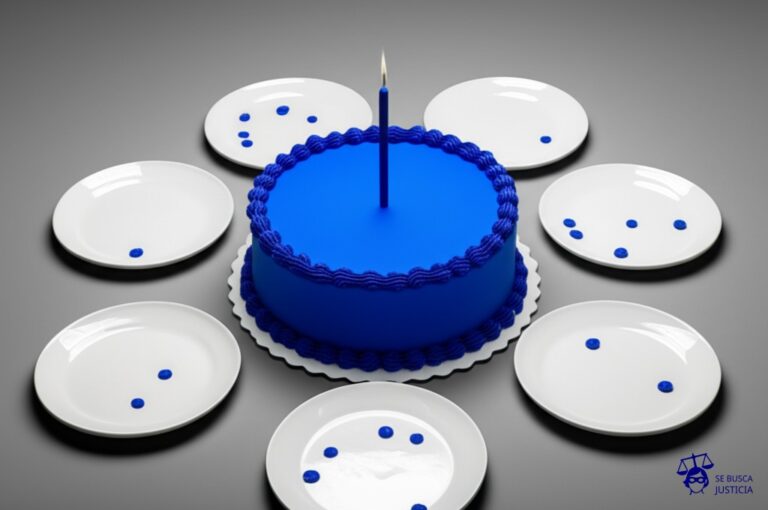 Un gran pastel de cumpleaños con una vela enorme clavada en el centro, y a su alrededor, migas y platos vacíos. Representa: Construcción de represas sin consulta a comunidades locales