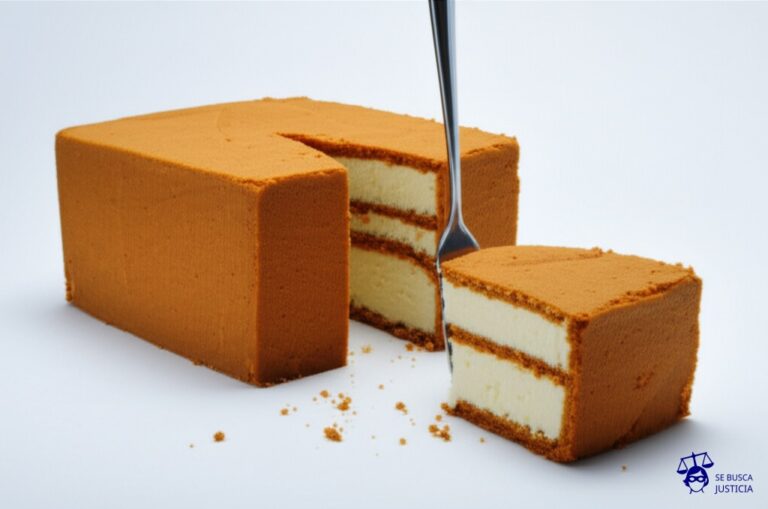 Un gran pastel, perfectamente cuadrado, con una porción que se extiende sobre la mesa vecina, dejando migas y un tenedor clavado en ella. Representa: Construcción en terreno lindero que invade propiedad