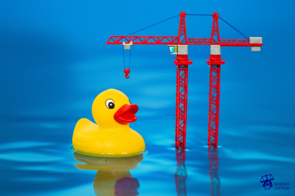 Un patito de goma flotando en un charco, con una grúa de juguete gigante encima. Representa: Construcción en zonas de humedales protegidos