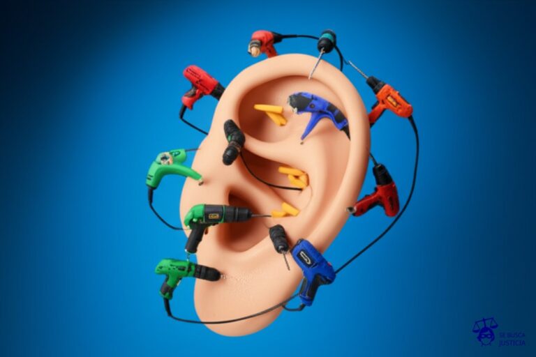 Una gran oreja humana con tapones auditivos, completamente cubierta por un enjambre de taladros industriales de juguete, de diferentes tamaños, que giran frenéticamente. Representa: Contaminación acústica por industrias sin licencia