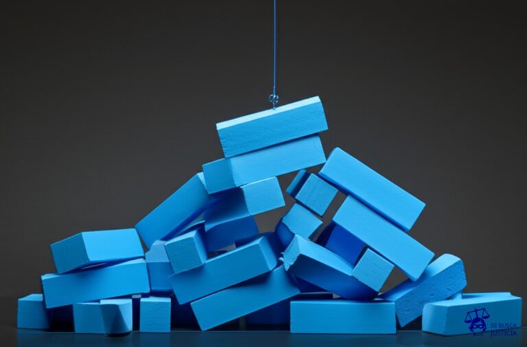 Un montón de ladrillos desmoronándose, sostenidos precariamente por un solo hilo invisible. Representa: Contratación irregular de empleados