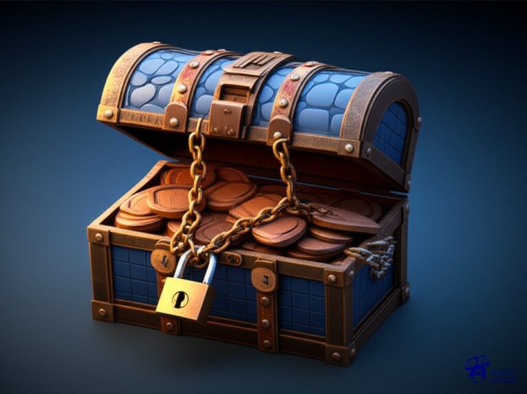 Un gran cofre del tesoro (con la forma de una casa), sellado con candados y cadenas oxidadas, intentando contener monedas de chocolate que se desbordan por las ranuras y se acumulan a su alrededor. Representa: Contratos de alquiler en moneda extranjera prohibida
