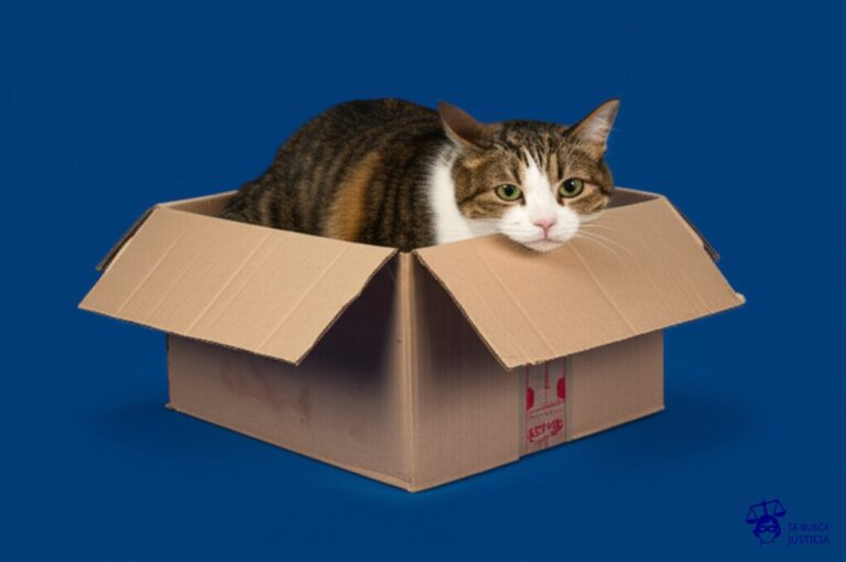 Un gato intentando meterse en una caja de cartón demasiado pequeña para él, con la caja deformándose grotescamente. Representa: Contratos de licencia de uso de marca demasiado amplios o restrictivos