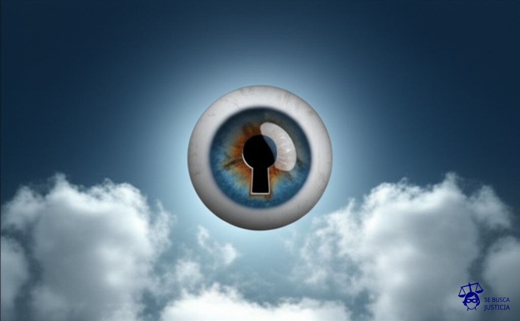 Un ojo gigante, con una pupila en forma de cerradura, reemplazando el sol en un cielo nublado. Representa: Control excesivo o vigilancia ilegal