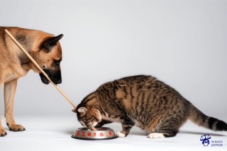 Un gato gordo y presumido (el ordenamiento interno) intentando meterse en un cuenco de comida (los tratados internacionales de derechos humanos), pero es empujado con un palo por un perro flaco y malhumorado (la jerarquía constitucional). El gato está atascado a medias, maullando con frustración. Representa: Controversia sobre la jerarquía constitucional de los tratados internacionales de derechos humanos y su aplicación directa en el ordenamiento interno.