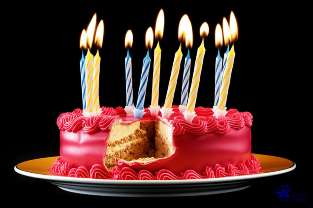 Un pastel de cumpleaños decorado con glaseado lujoso y velas encendidas, pero visiblemente agrietado y con una vela a punto de caerse. Representa: Controversias en el régimen de promoción fiscal