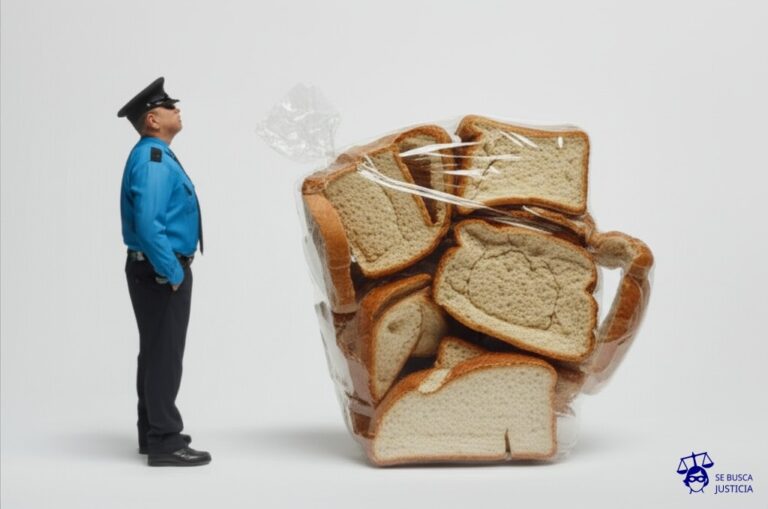 Un montón desordenado de migajas de pan, algunas con forma de objetos reconocibles (una taza, un zapato), todas unidas por una cinta de embalaje transparente que las rodea. Un agente de policía (solo se ve la parte inferior de un uniforme azul) está de pie al lado, con las manos en los bolsillos y una expresión de fastidio. Representa: Cornelia Parker enfrentó restricciones legales por usar objetos destruidos por la policía en sus obras