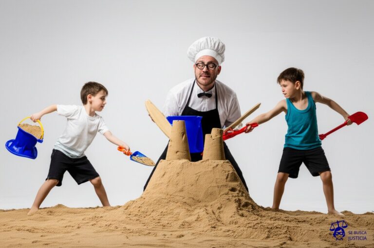 Dos niños, uno con un balde lleno de arena (representando una provincia con recursos) y otro con una pala (otra provincia), peleando por un castillo de arena a medio construir. Un adulto con un gorro de chef y un delantal (la Corte Suprema) se para en medio, agarrando una regla y midiendo la arena del balde y la pala, con una expresión de qué lío. Representa: Corte Suprema resuelve conflicto de competencia entre provincias por recursos naturales