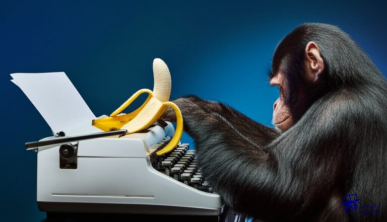 Un mono con una máquina de escribir, copiando y pegando un plátano en una obra de arte que ya existe, y firmándola con su propia firma. Representa: Creación de obras derivadas sin permiso del autor original